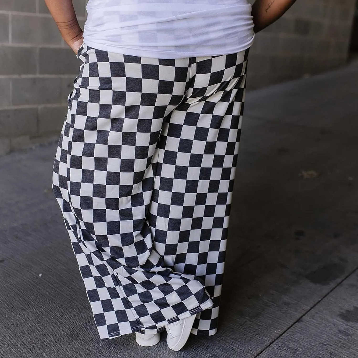 Womens Checkered Wide Leg Pants Y2K High Waisted Straight Plaid Trousers Gingham Baggy Lounge Streetwear with Pocket