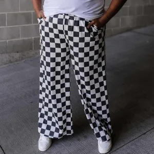 Womens Checkered Wide Leg Pants Y2K High Waisted Straight Plaid Trousers Gingham Baggy Lounge Streetwear with Pocket