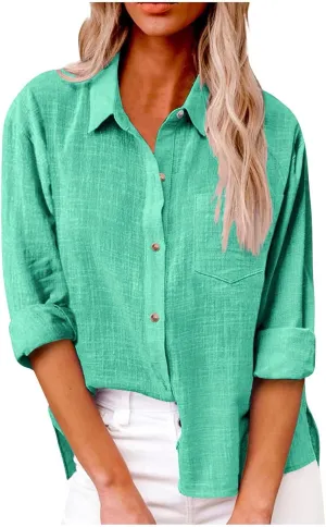Womens Cotton Linen Button Down Shirt 2024 Spring Casual Long Sleeve Solid Color Shirts Loose Work Tops with Pockets