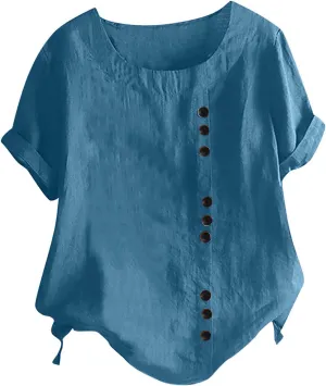 Womens Cotton Linen Button Down Shirt Short Sleeve Print Blouse Casual Crew Neck Tops Summer Flowy Tops for 2024