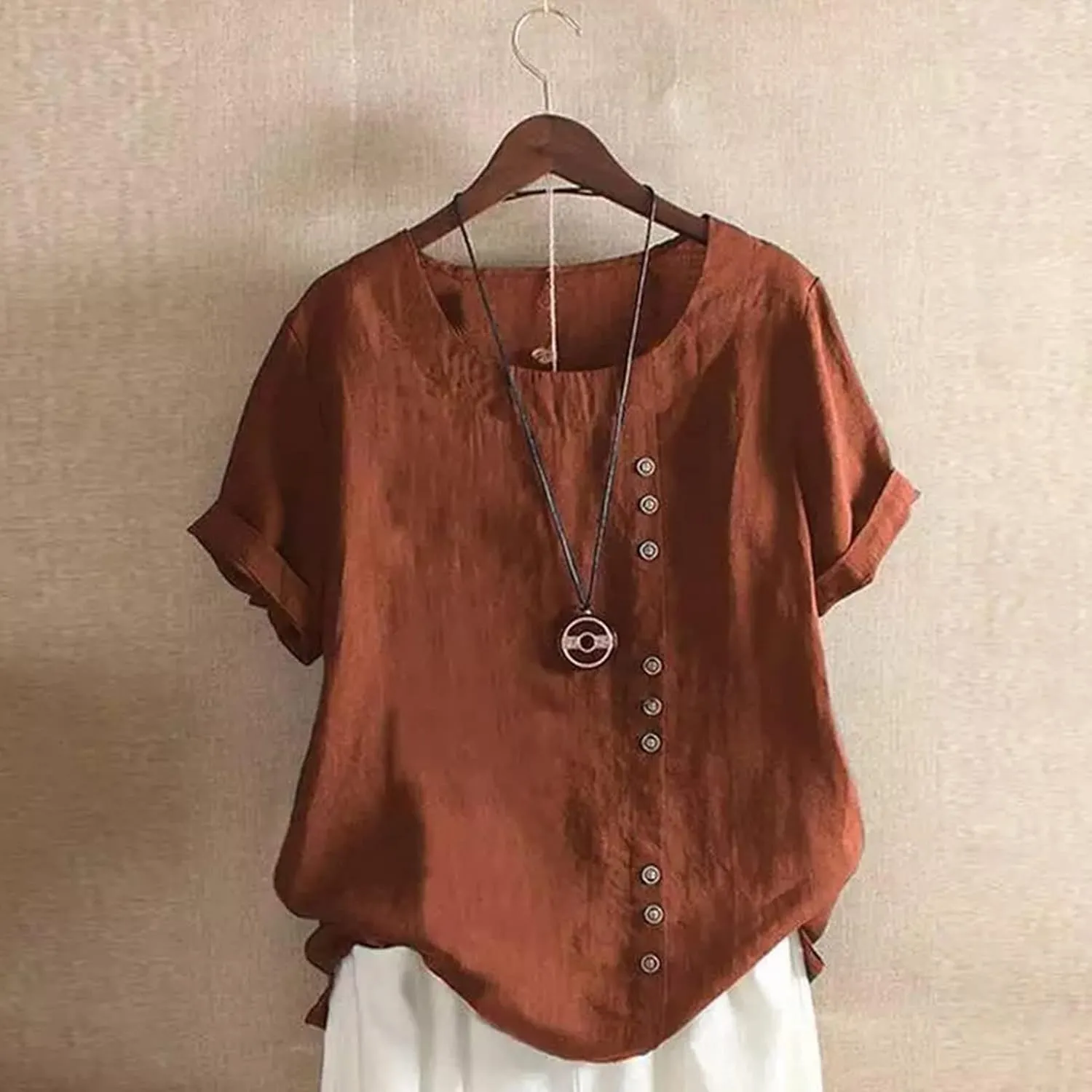 Womens Cotton Linen Button Down Shirt Short Sleeve Print Blouse Casual Crew Neck Tops Summer Flowy Tops for 2024