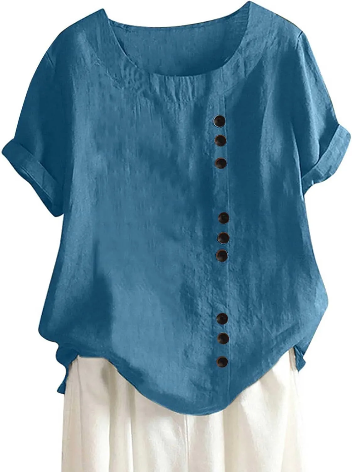 Womens Cotton Linen Button Down Shirt Short Sleeve Print Blouse Casual Crew Neck Tops Summer Flowy Tops for 2024