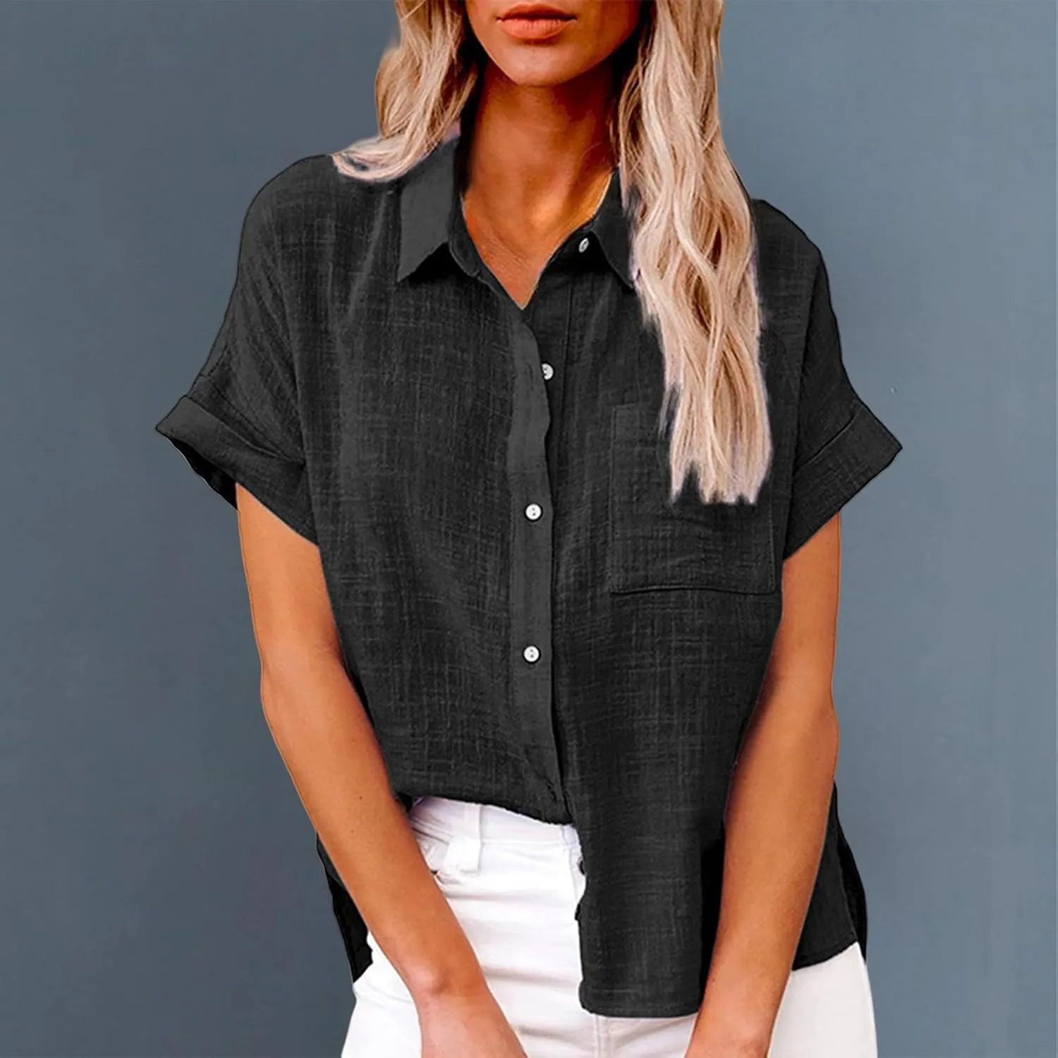 Womens Cotton Linen Button Down Shirt Summer Casual Short Sleeve Solid Color T Shirts Loose Work Tops with Pockets