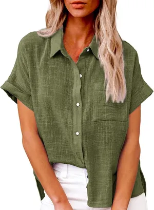 Womens Cotton Linen Button Down Shirt Summer Casual Short Sleeve Solid Color T Shirts Loose Work Tops with Pockets