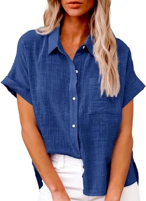 Womens Cotton Linen Button Down Shirt Summer Casual Short Sleeve Solid Color T Shirts Loose Work Tops with Pockets
