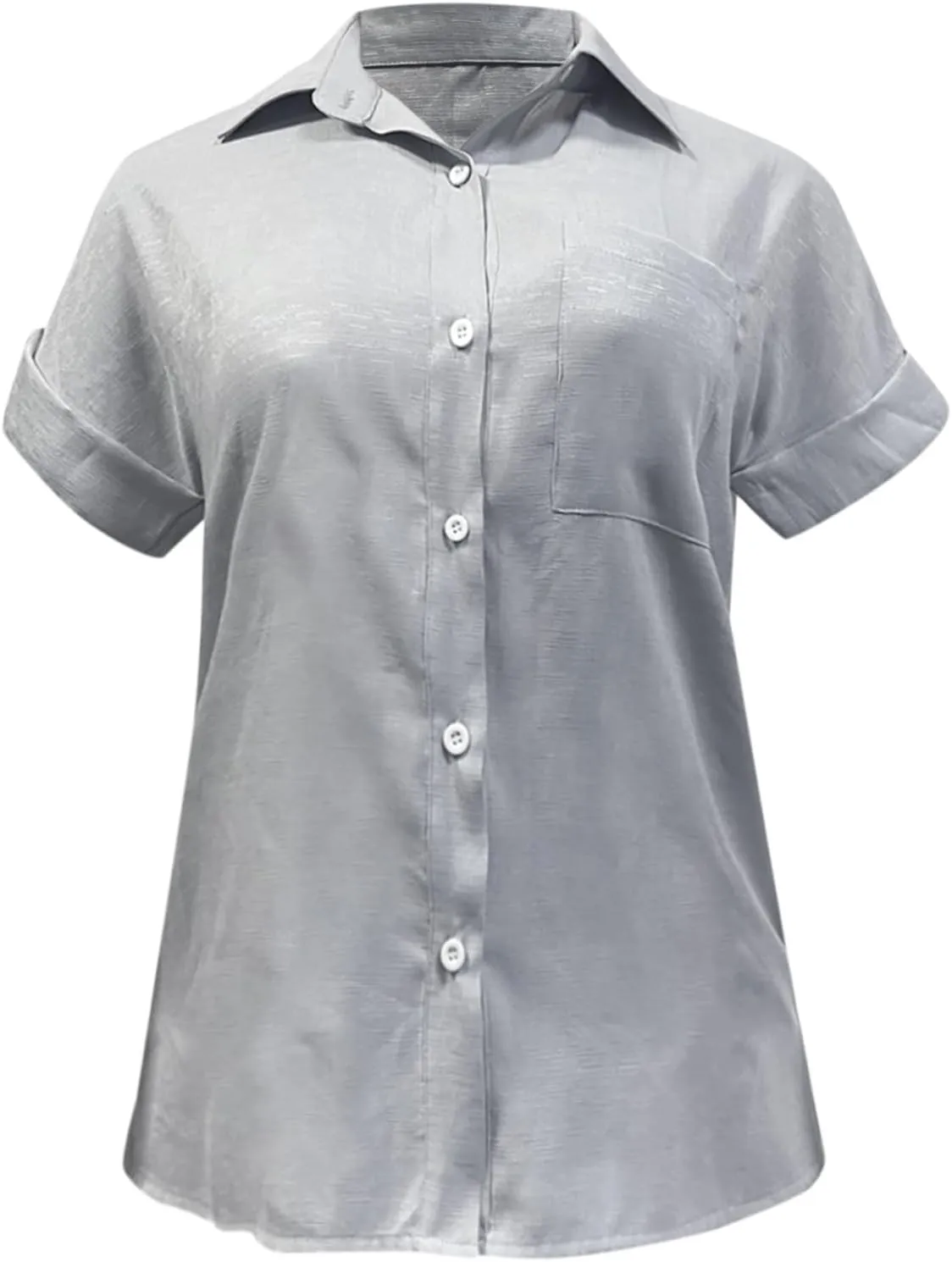 Womens Cotton Linen Button Down Shirt Summer Casual Short Sleeve Solid Color T Shirts Loose Work Tops with Pockets