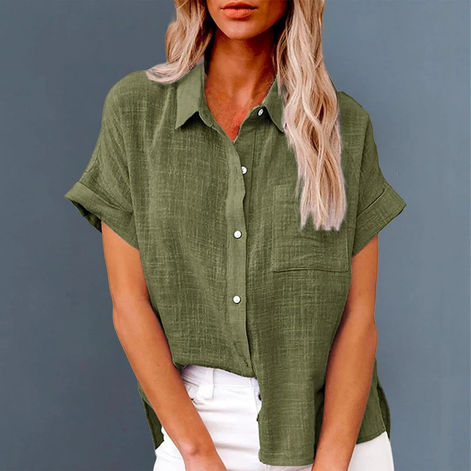 Womens Cotton Linen Button Down Shirt Summer Casual Short Sleeve Solid Color T Shirts Loose Work Tops with Pockets