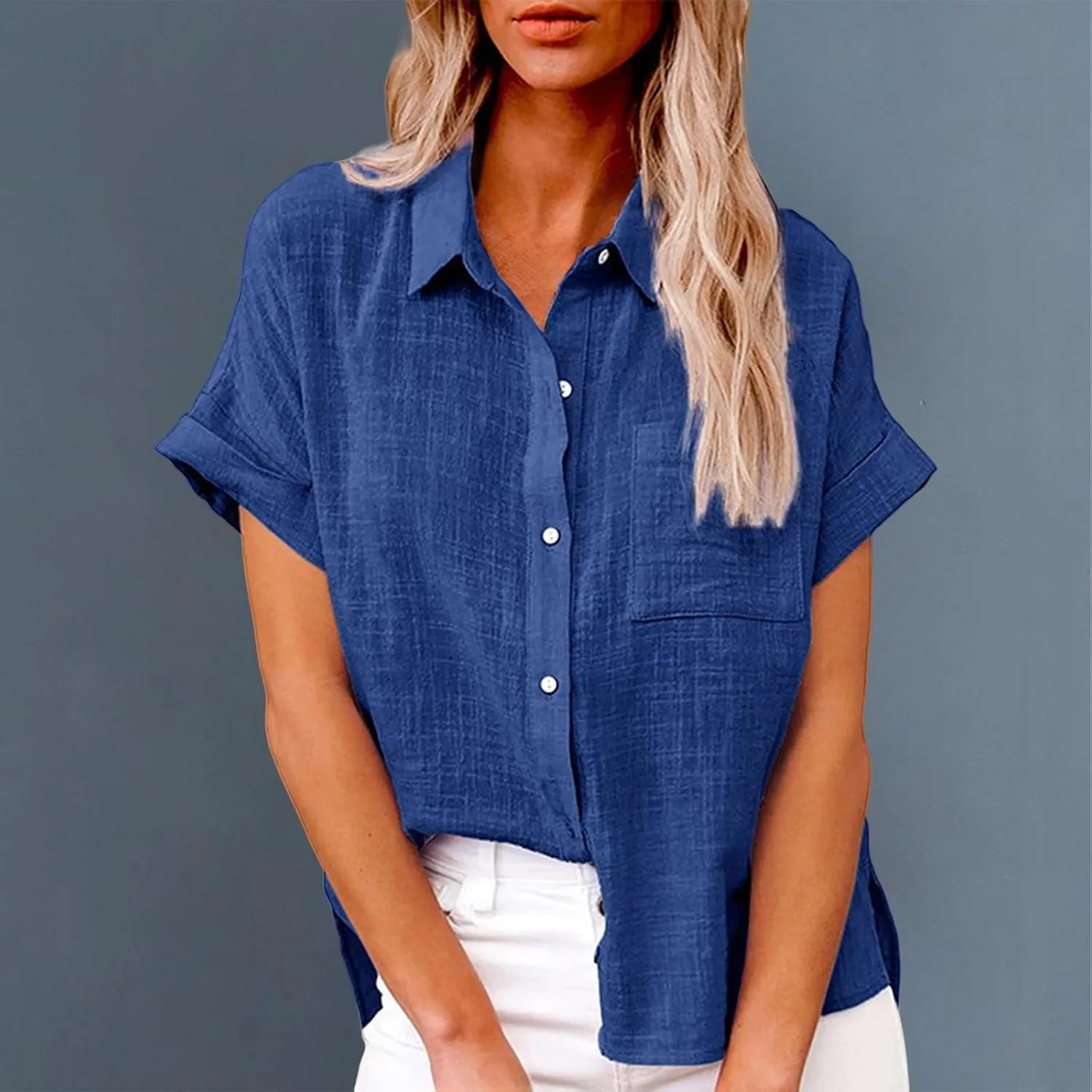 Womens Cotton Linen Button Down Shirt Summer Casual Short Sleeve Solid Color T Shirts Loose Work Tops with Pockets
