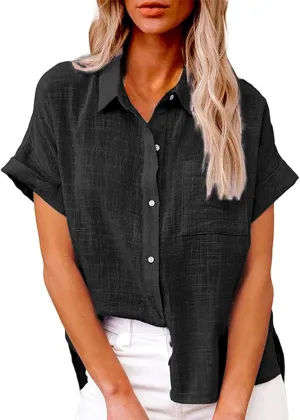 Womens Cotton Linen Button Down Shirt Summer Casual Short Sleeve Solid Color T Shirts Loose Work Tops with Pockets