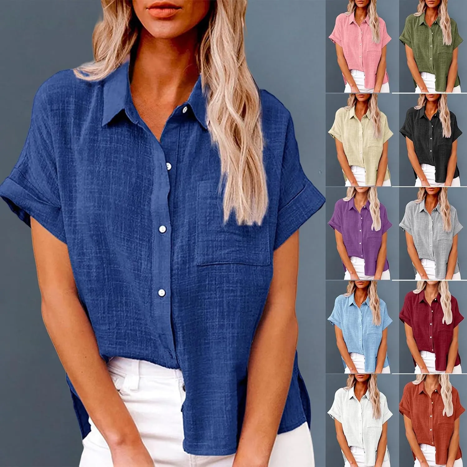 Womens Cotton Linen Button Down Shirt Summer Casual Short Sleeve Solid Color T Shirts Loose Work Tops with Pockets