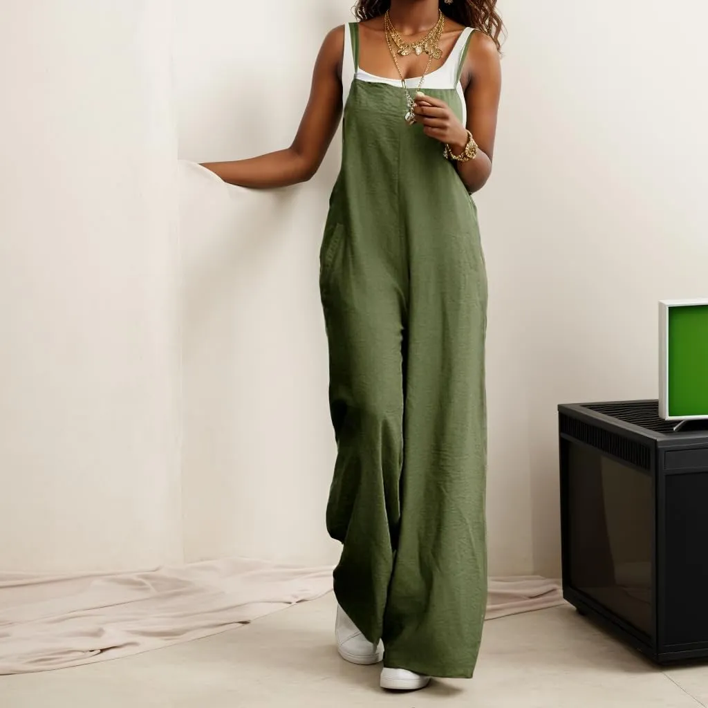 Womens Cotton Linen Jumpsuit Casual Sleeveless Spaghetti Strap Baggy Overall Wide Leg Pant Rompers with Pocket
