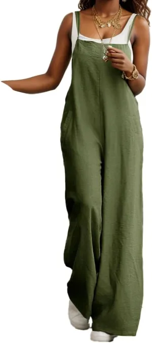 Womens Cotton Linen Jumpsuit Casual Sleeveless Spaghetti Strap Baggy Overall Wide Leg Pant Rompers with Pocket