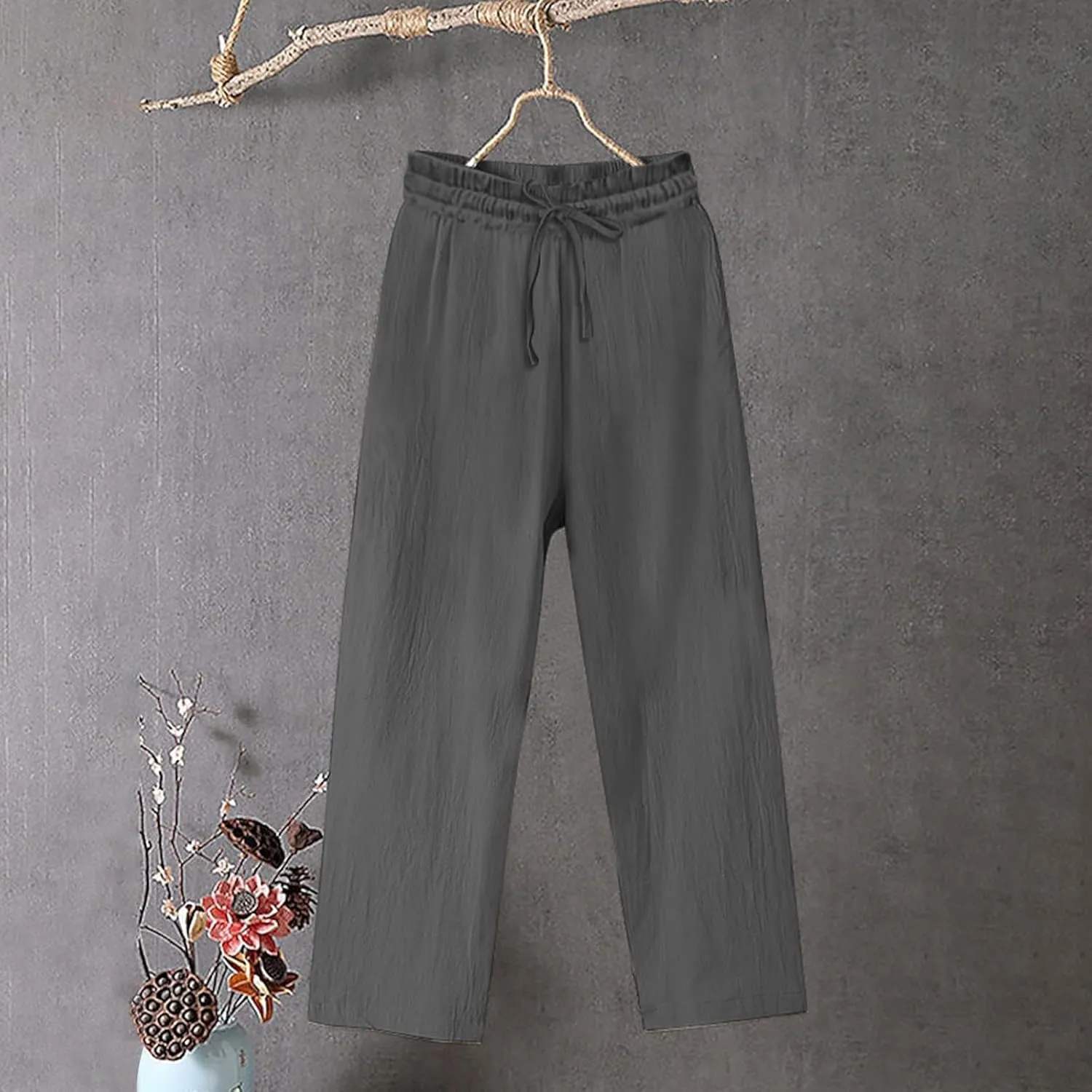 Womens Cotton Linen Pants Summer Casual Beach Pant Drawstring Flowy Traveling Straight Leg Palazzo Trousers