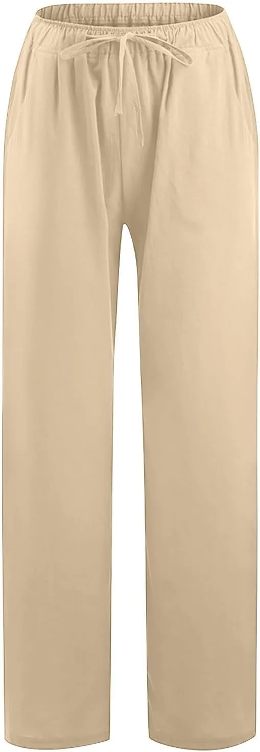 Womens Cotton Linen Pants Summer Casual Palazzo Pants Drawstring High Waist Harem Slacks Long Trousers with Pockets