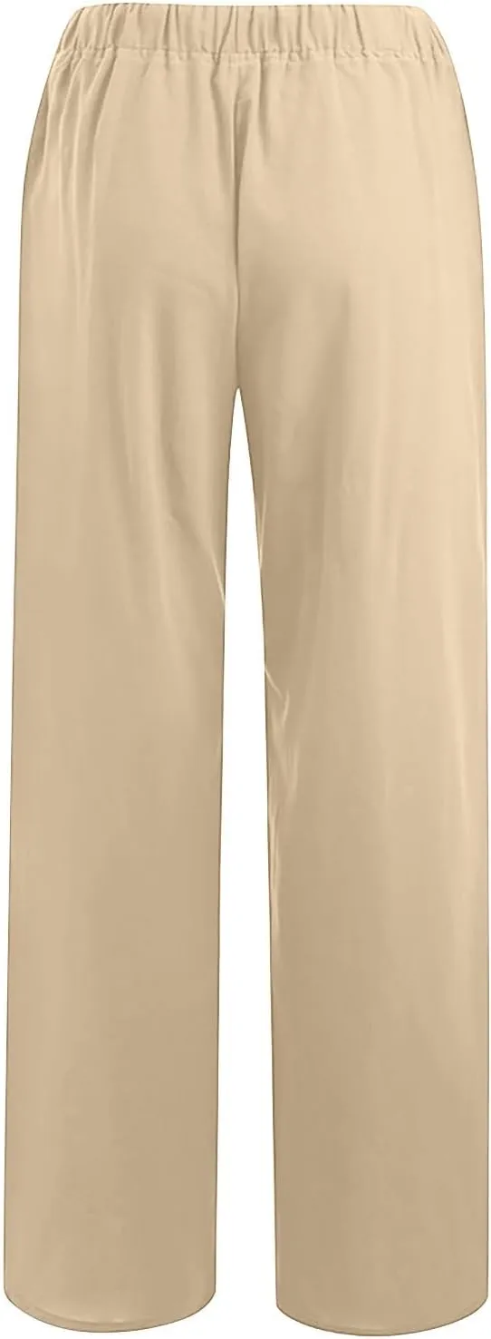 Womens Cotton Linen Pants Summer Casual Palazzo Pants Drawstring High Waist Harem Slacks Long Trousers with Pockets