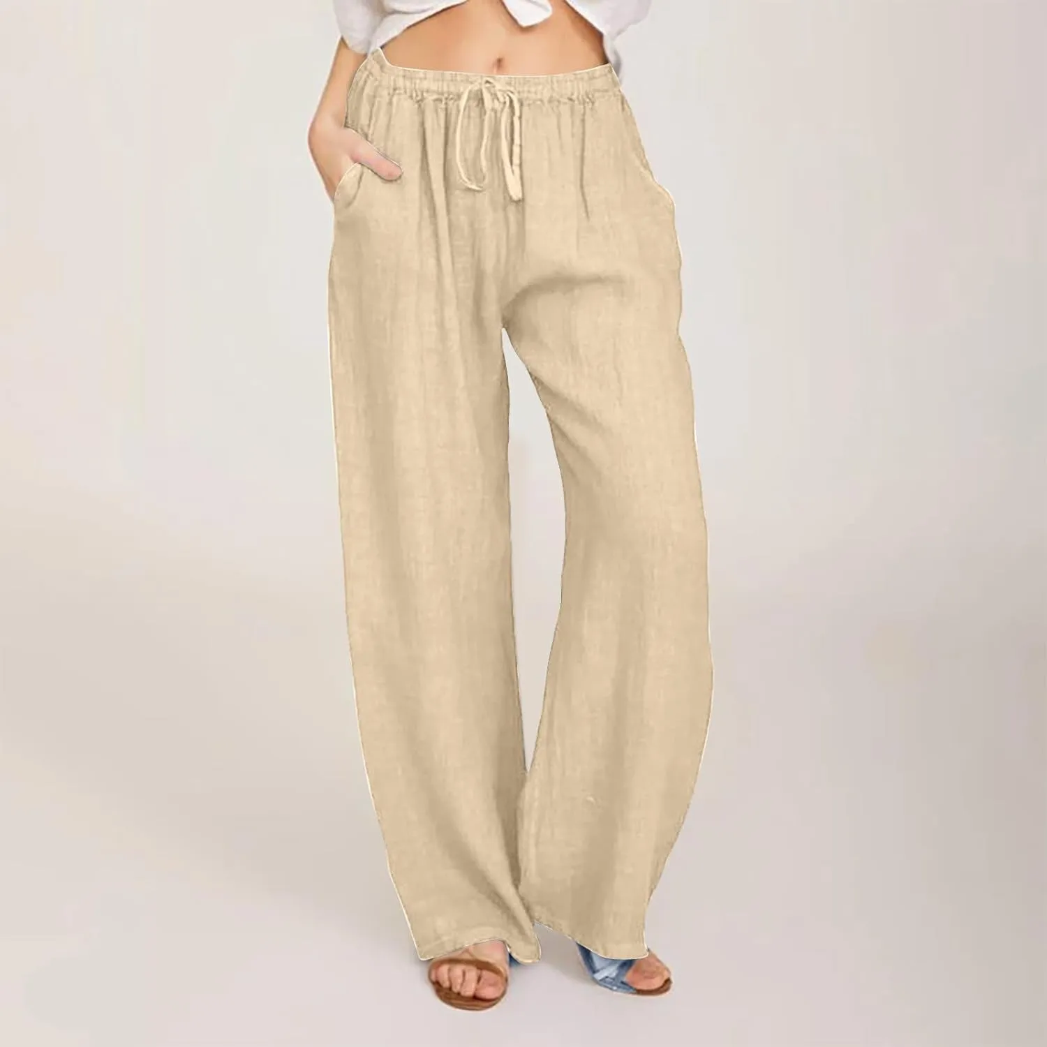 Womens Cotton Linen Pants Summer Casual Palazzo Pants Drawstring High Waist Harem Slacks Long Trousers with Pockets