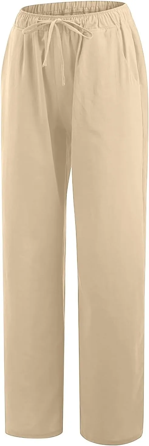 Womens Cotton Linen Pants Summer Casual Palazzo Pants Drawstring High Waist Harem Slacks Long Trousers with Pockets