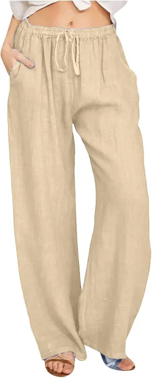 Womens Cotton Linen Pants Summer Casual Palazzo Pants Drawstring High Waist Harem Slacks Long Trousers with Pockets