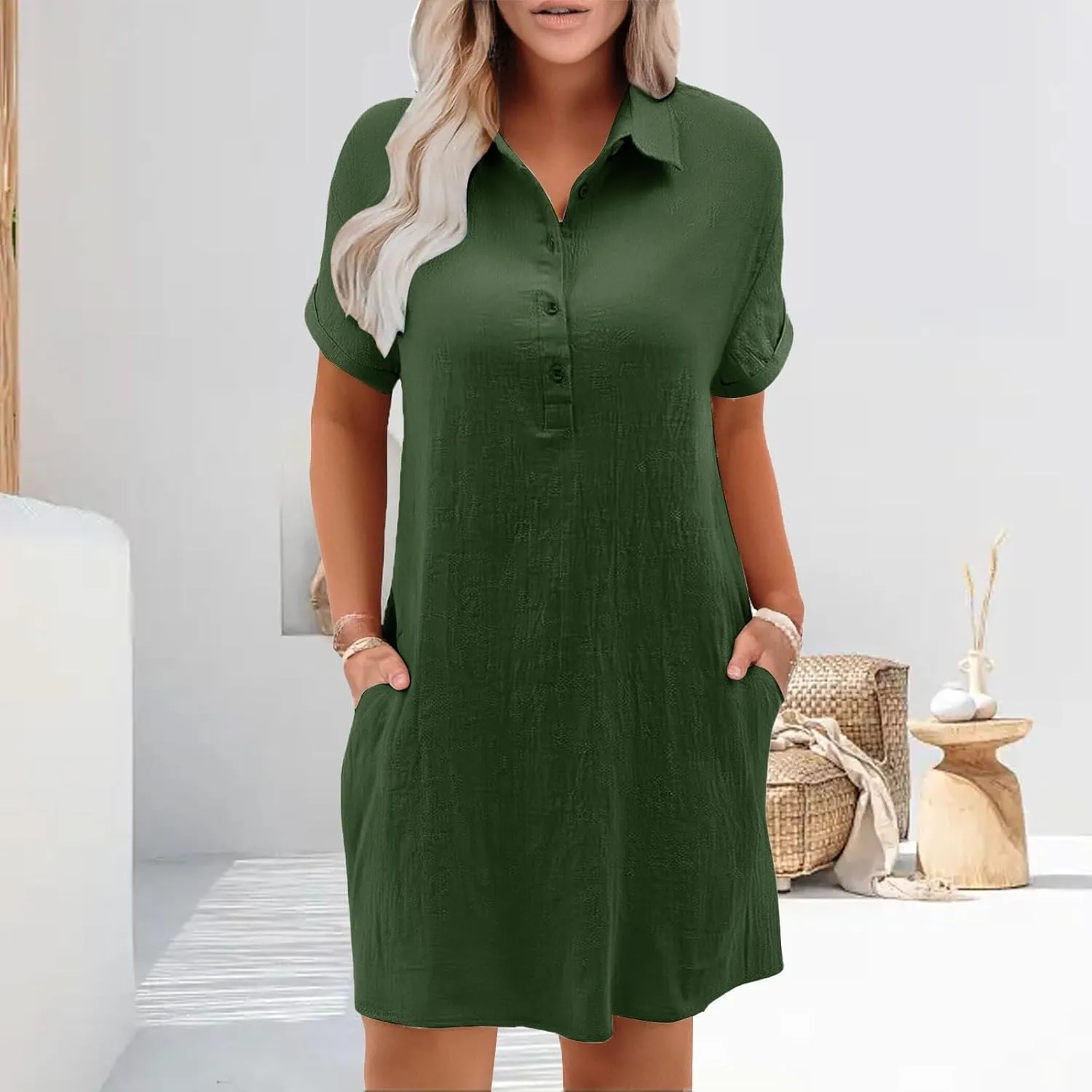 Womens Cotton Linen Shirt Dress Short Sleeve Lapel Summer Casual Midi Dress Button Beach Cover Up Dresses with Pocket