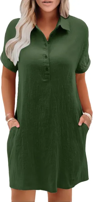 Womens Cotton Linen Shirt Dress Short Sleeve Lapel Summer Casual Midi Dress Button Beach Cover Up Dresses with Pocket
