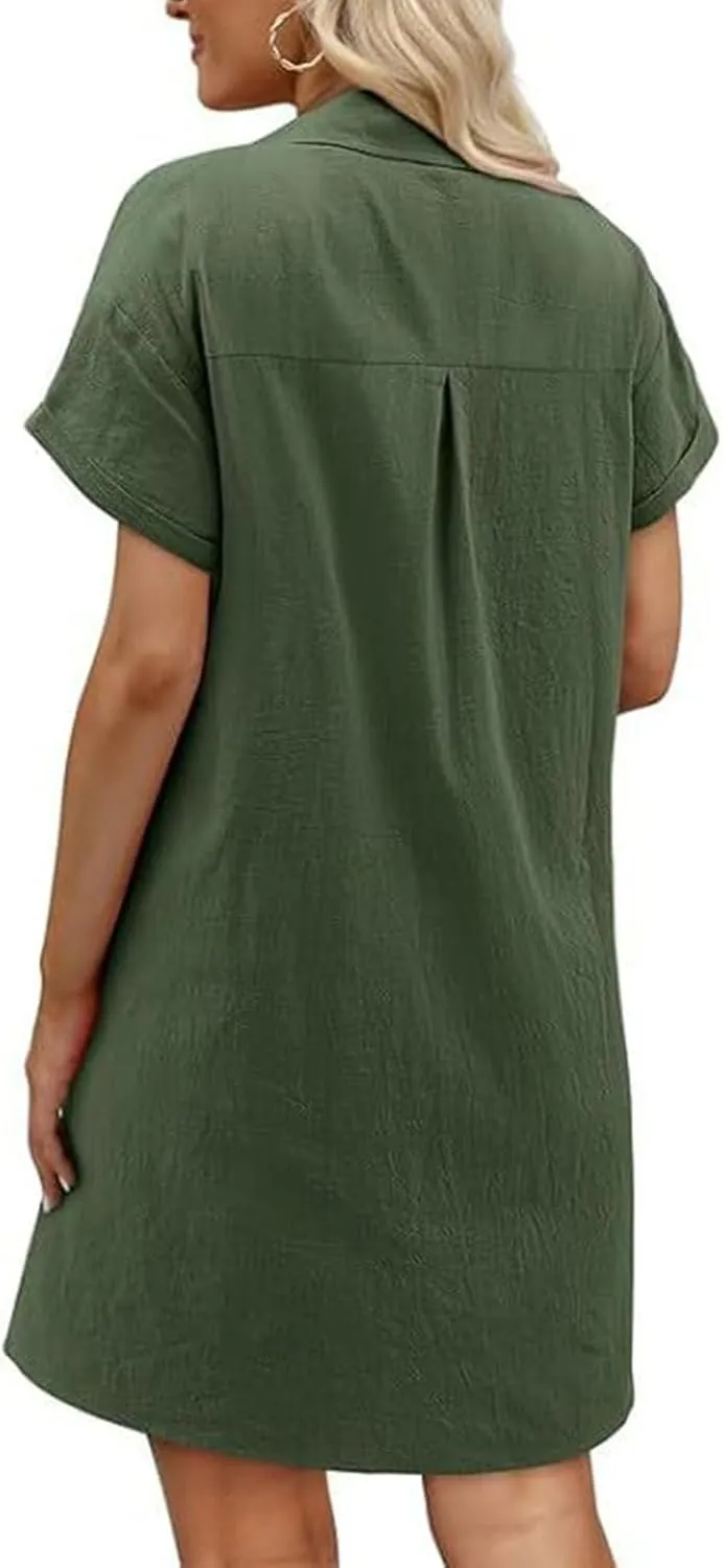 Womens Cotton Linen Shirt Dress Short Sleeve Lapel Summer Casual Midi Dress Button Beach Cover Up Dresses with Pocket