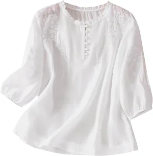 Women's Cotton Linen Shirt Summer Button Short Sleeve Loose Round Neck Casual Shirts Top Embroidered Blouse Tees