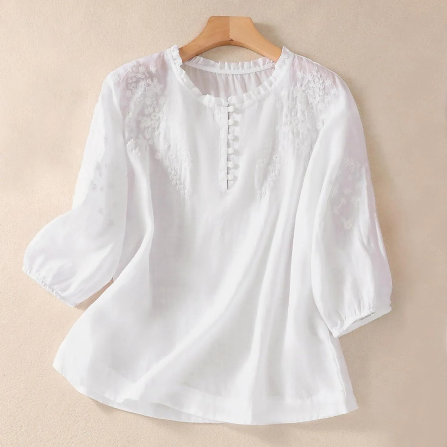 Women's Cotton Linen Shirt Summer Button Short Sleeve Loose Round Neck Casual Shirts Top Embroidered Blouse Tees