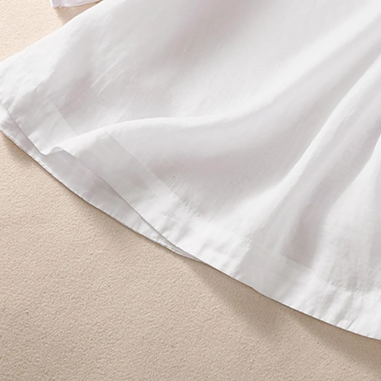 Women's Cotton Linen Shirt Summer Button Short Sleeve Loose Round Neck Casual Shirts Top Embroidered Blouse Tees