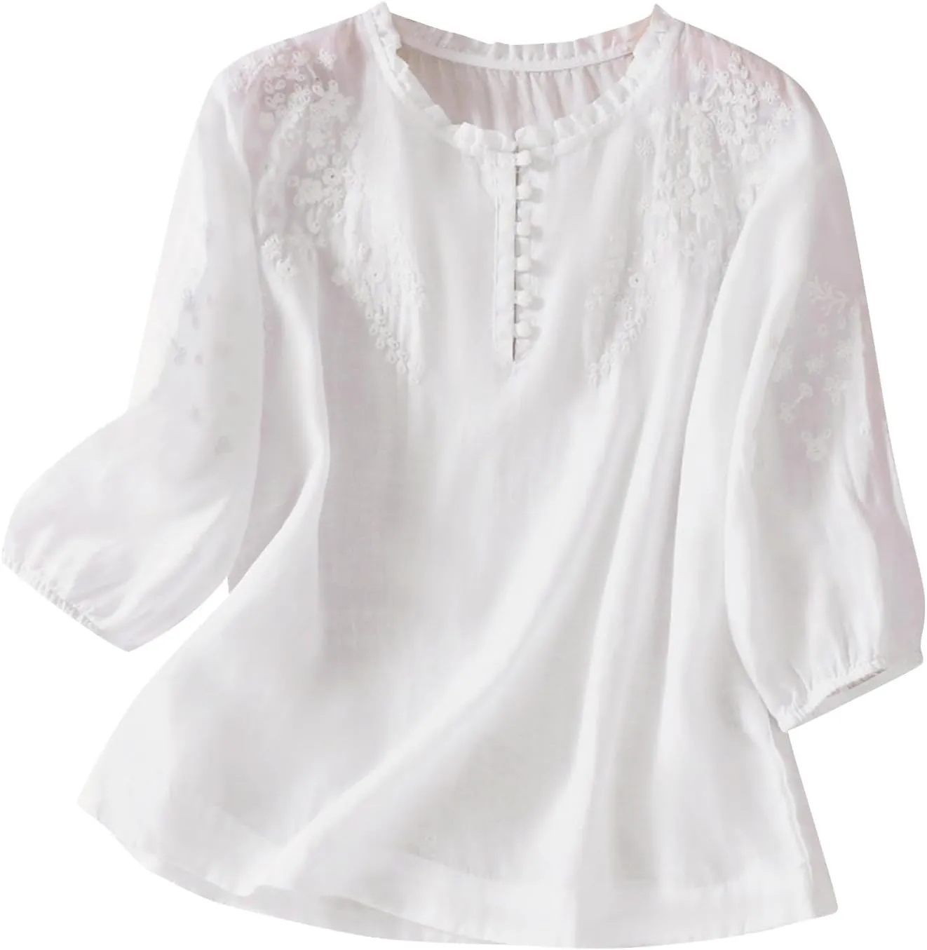 Women's Cotton Linen Shirt Summer Button Short Sleeve Loose Round Neck Casual Shirts Top Embroidered Blouse Tees