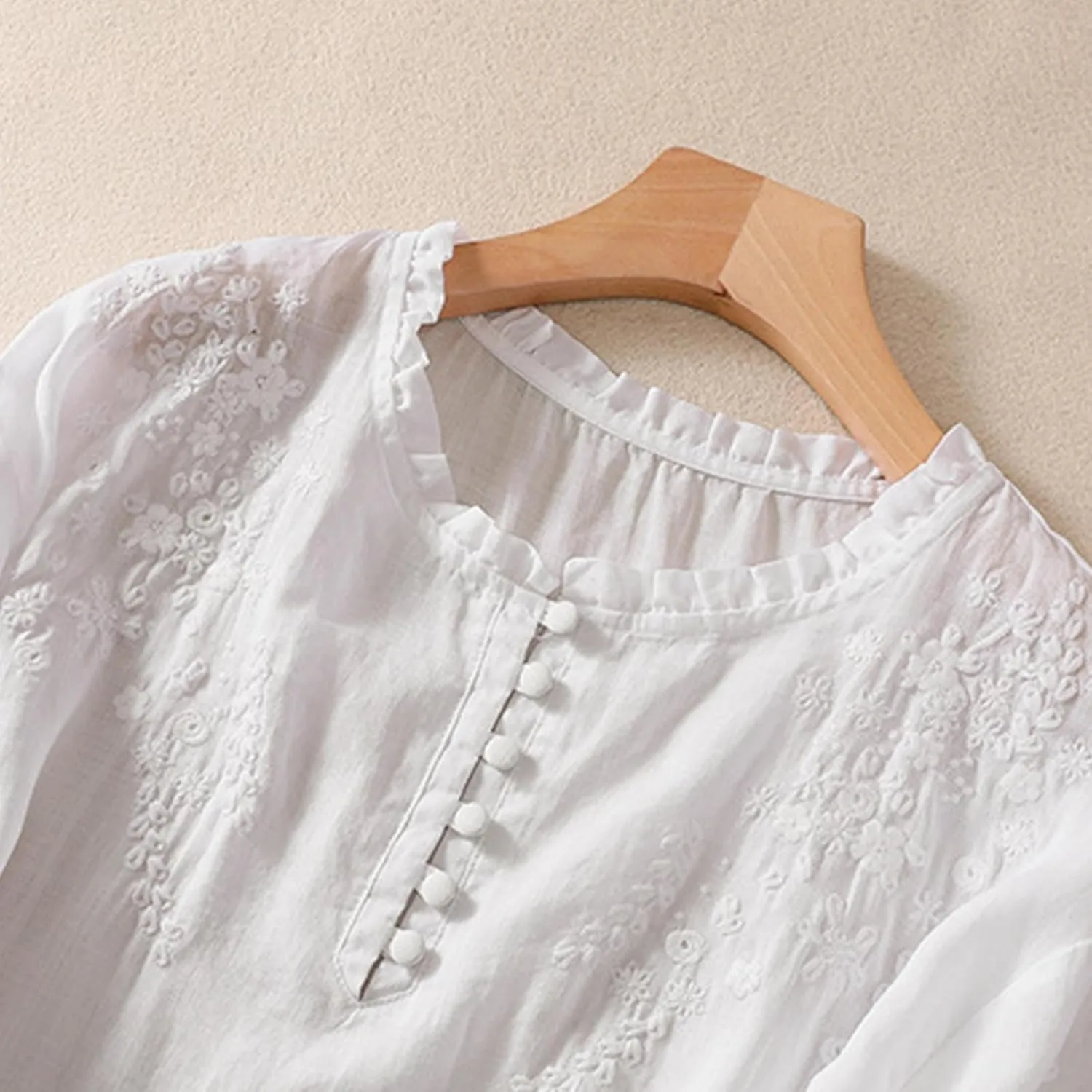 Women's Cotton Linen Shirt Summer Button Short Sleeve Loose Round Neck Casual Shirts Top Embroidered Blouse Tees