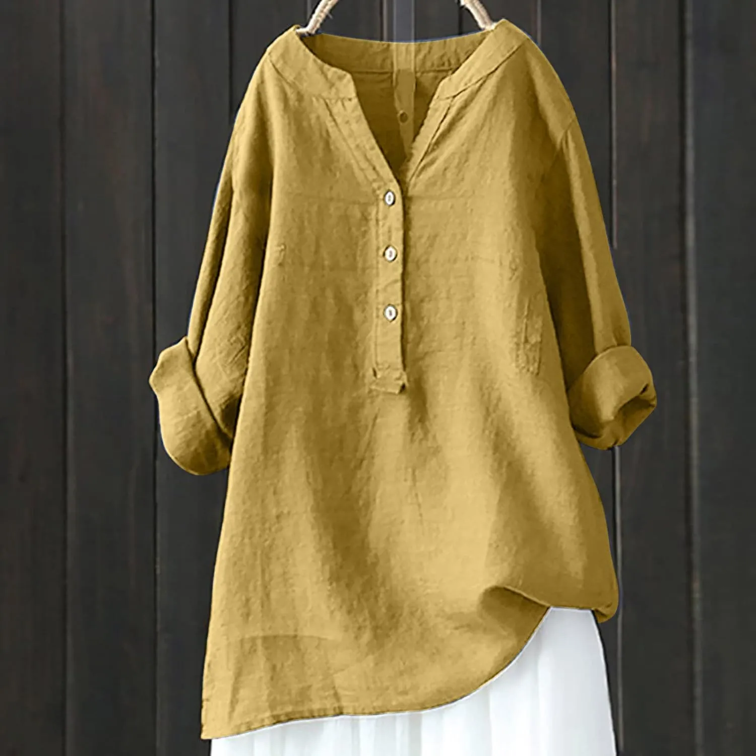 Womens Cotton Linen Shirts 2025 Summer Oversized 3/4 Sleeve Tunic Tops Casual Buttons V Neck Vacation Outdoor Blouses