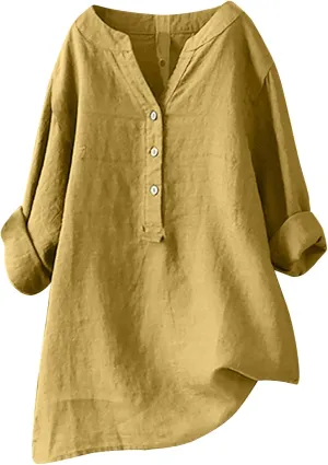 Womens Cotton Linen Shirts 2025 Summer Oversized 3/4 Sleeve Tunic Tops Casual Buttons V Neck Vacation Outdoor Blouses