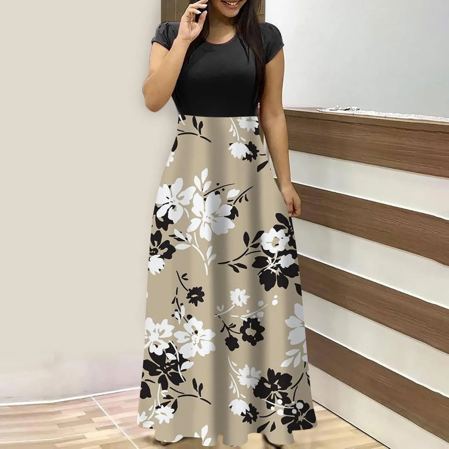 Women's Crew Neck Boho Maxi Dress Casual Elegant Short Sleeve Dress Floral Printed 2025 Spring Summer Dresses