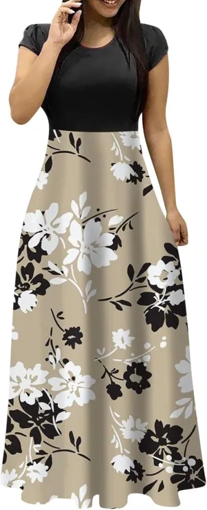 Women's Crew Neck Boho Maxi Dress Casual Elegant Short Sleeve Dress Floral Printed 2025 Spring Summer Dresses