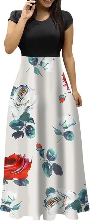 Women's Crew Neck Boho Maxi Dress Casual Elegant Short Sleeve Dress Floral Printed 2025 Spring Summer Dresses