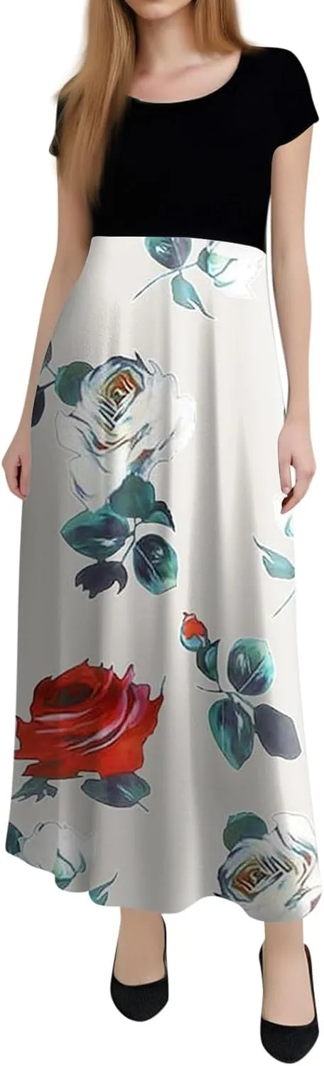 Women's Crew Neck Boho Maxi Dress Casual Elegant Short Sleeve Dress Floral Printed 2025 Spring Summer Dresses