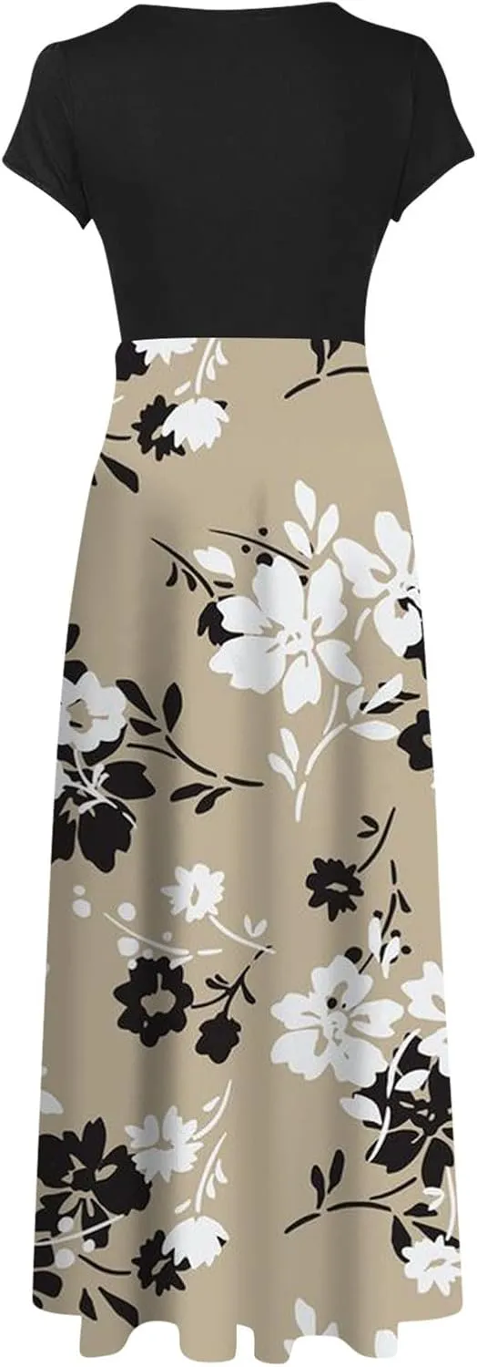 Women's Crew Neck Boho Maxi Dress Casual Elegant Short Sleeve Dress Floral Printed 2025 Spring Summer Dresses