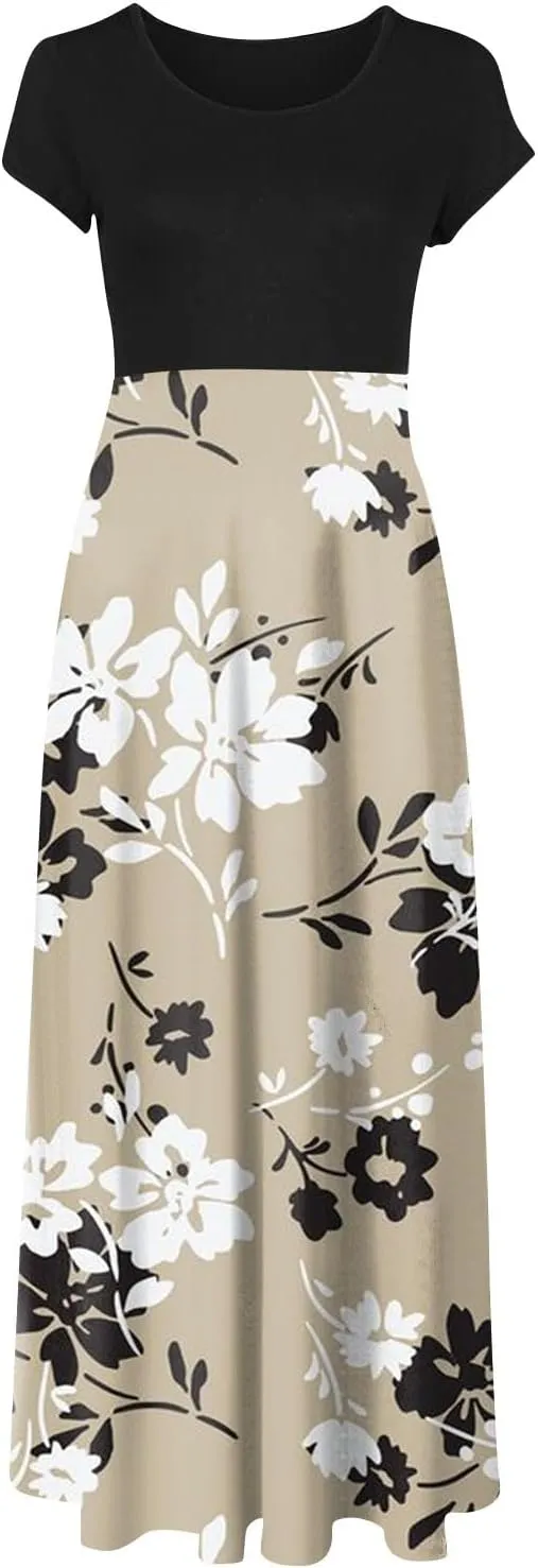 Women's Crew Neck Boho Maxi Dress Casual Elegant Short Sleeve Dress Floral Printed 2025 Spring Summer Dresses
