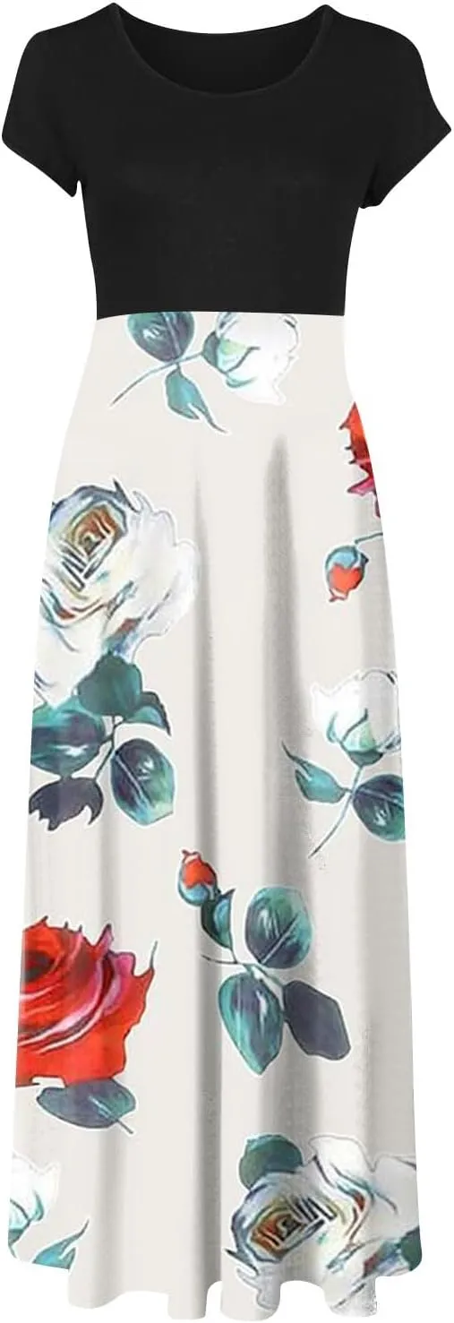Women's Crew Neck Boho Maxi Dress Casual Elegant Short Sleeve Dress Floral Printed 2025 Spring Summer Dresses
