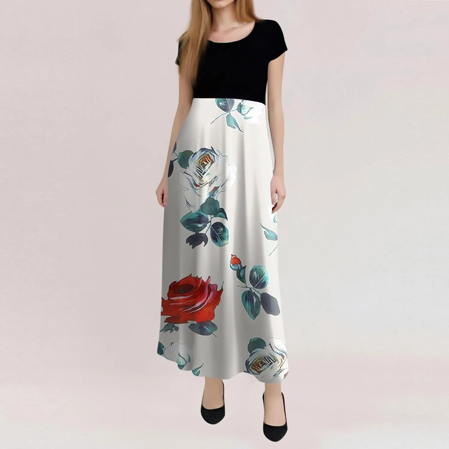 Women's Crew Neck Boho Maxi Dress Casual Elegant Short Sleeve Dress Floral Printed 2025 Spring Summer Dresses