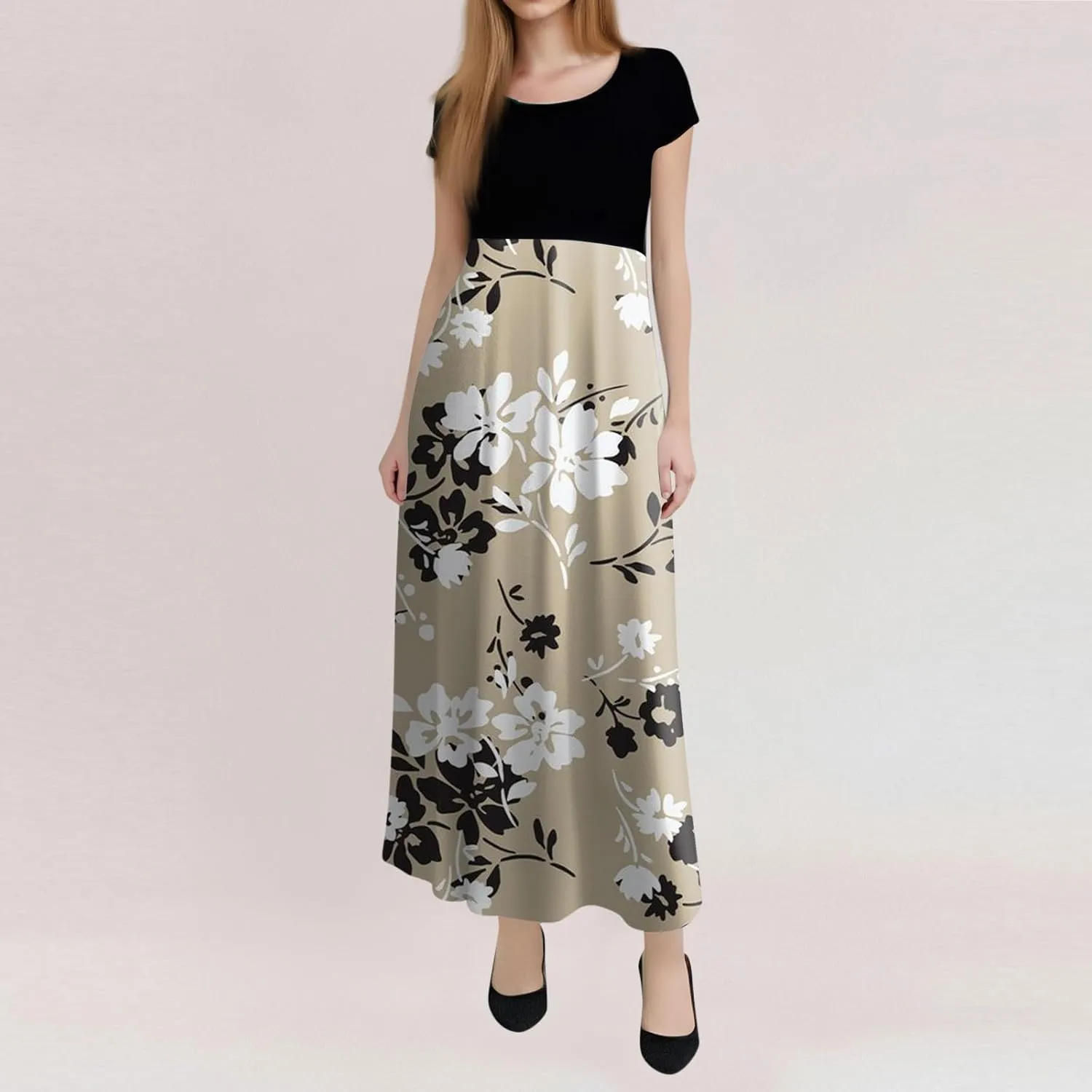 Women's Crew Neck Boho Maxi Dress Casual Elegant Short Sleeve Dress Floral Printed 2025 Spring Summer Dresses