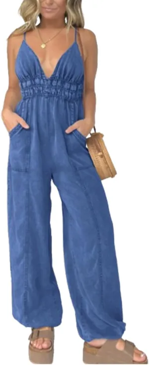 Women's Deep V Neck Denim Jumpsuit, Smocked Elastic Waist Denim Jumpsuit, Adjustable Straps Wide Leg Jeans