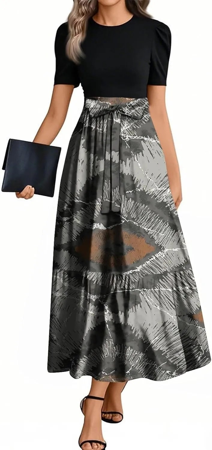Womens Dress Summer Flowy Maxi Dress Highwaisted Short Sleeve Floral Dressed Casual Tea Party Dresses with Belt
