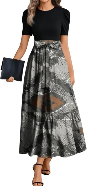 Womens Dress Summer Flowy Maxi Dress Highwaisted Short Sleeve Floral Dressed Casual Tea Party Dresses with Belt