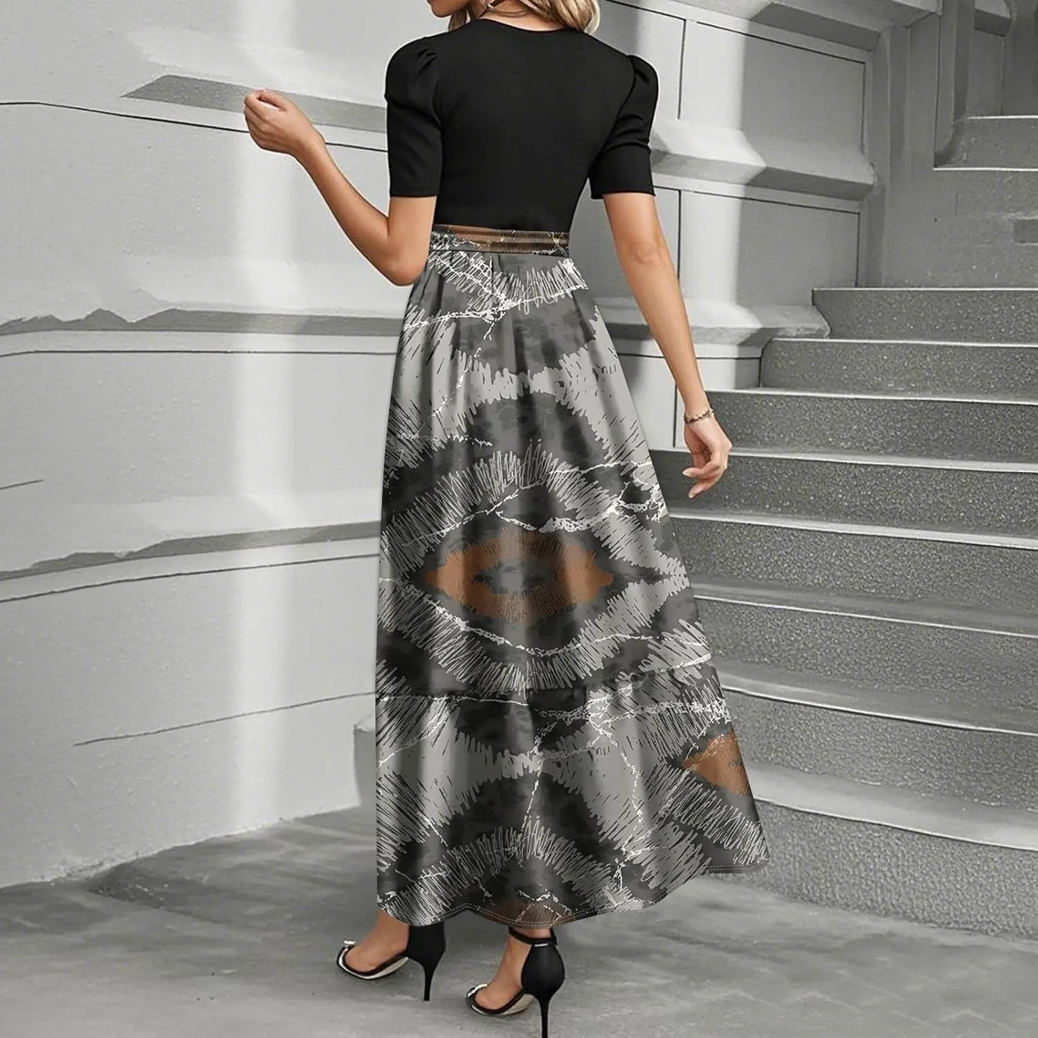 Womens Dress Summer Flowy Maxi Dress Highwaisted Short Sleeve Floral Dressed Casual Tea Party Dresses with Belt