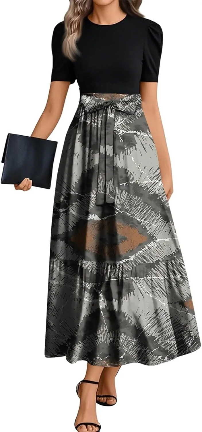 Womens Dress Summer Flowy Maxi Dress Highwaisted Short Sleeve Floral Dressed Casual Tea Party Dresses with Belt