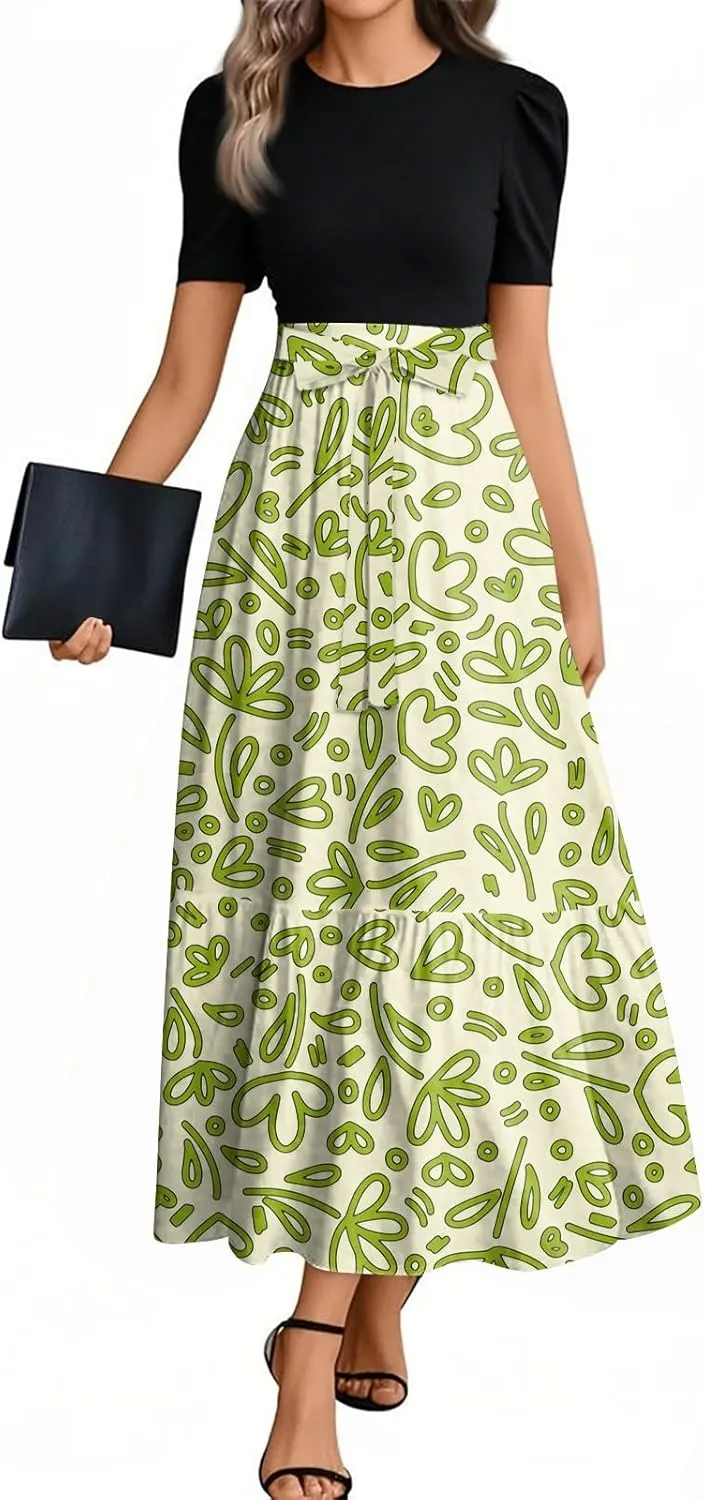 Womens Dress Summer Maxi Dresses Ruffle Hem Short Sleeve Dress Floral Vacation Wedding Guest Dresses with Belt