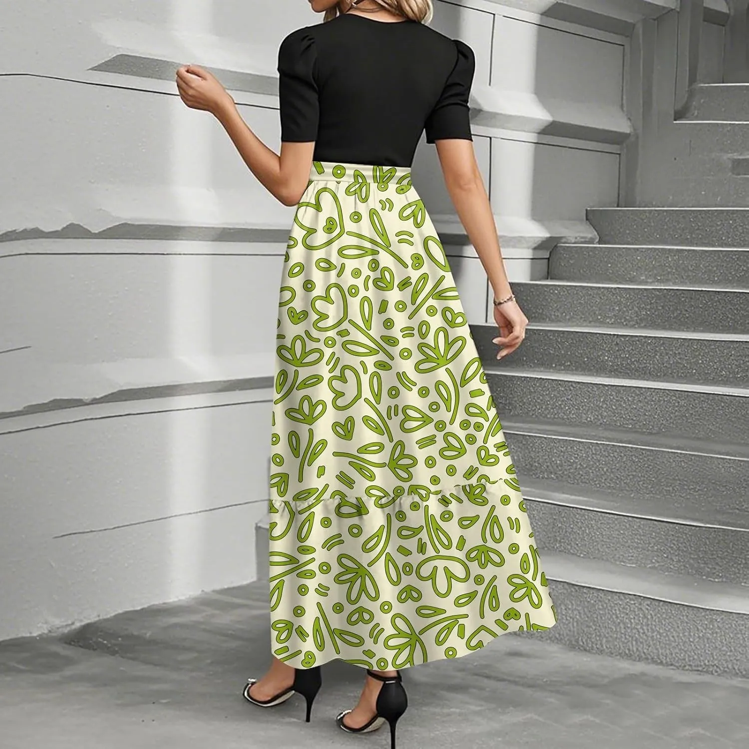 Womens Dress Summer Maxi Dresses Ruffle Hem Short Sleeve Dress Floral Vacation Wedding Guest Dresses with Belt