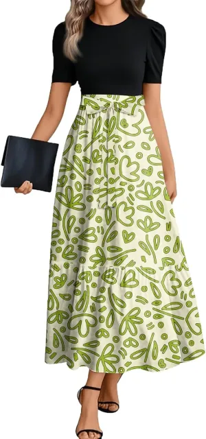 Womens Dress Summer Maxi Dresses Ruffle Hem Short Sleeve Dress Floral Vacation Wedding Guest Dresses with Belt