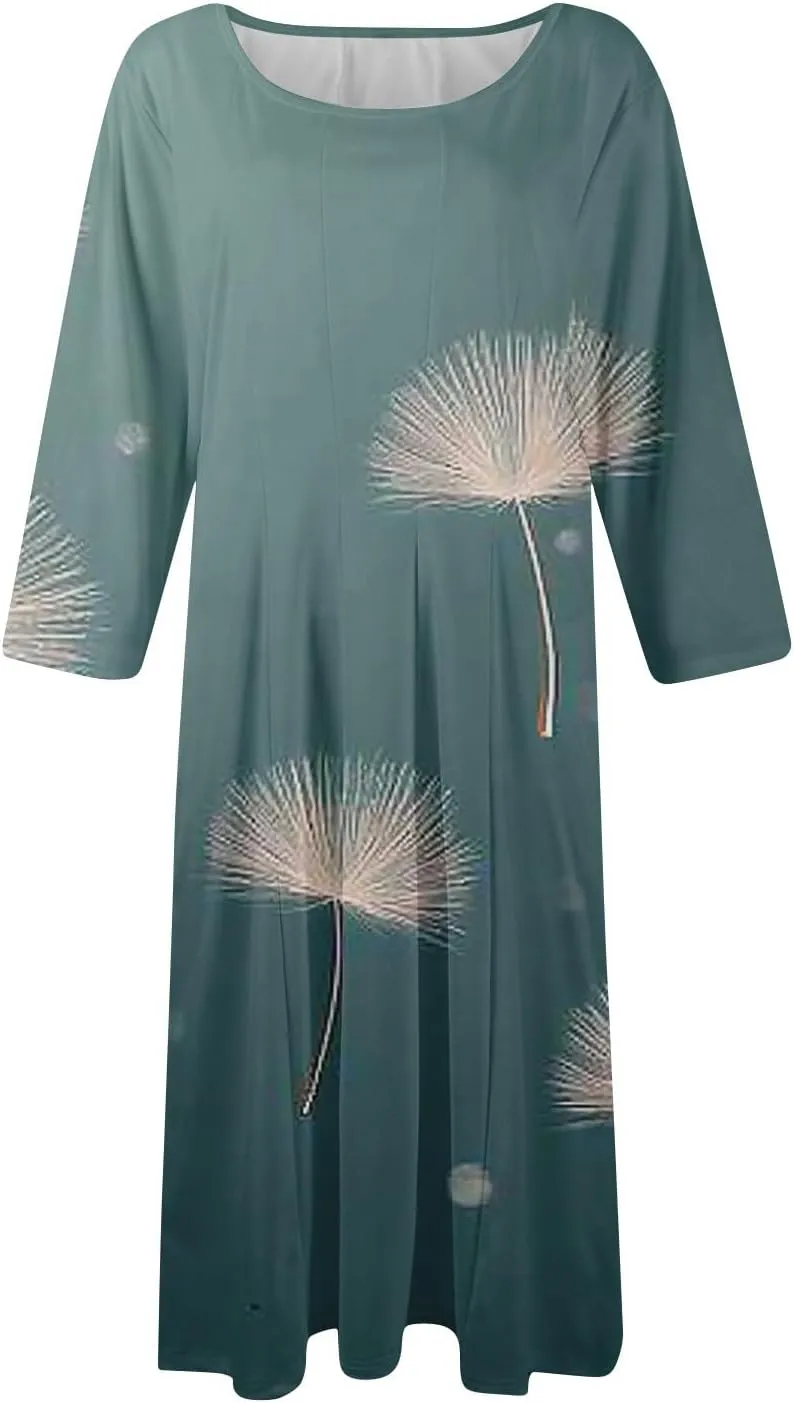 Womens Dresses Casual Spring 3/4 Sleeve A Line Dress Floral Print Midi Dress Summer Pleated Dresses with Pocket